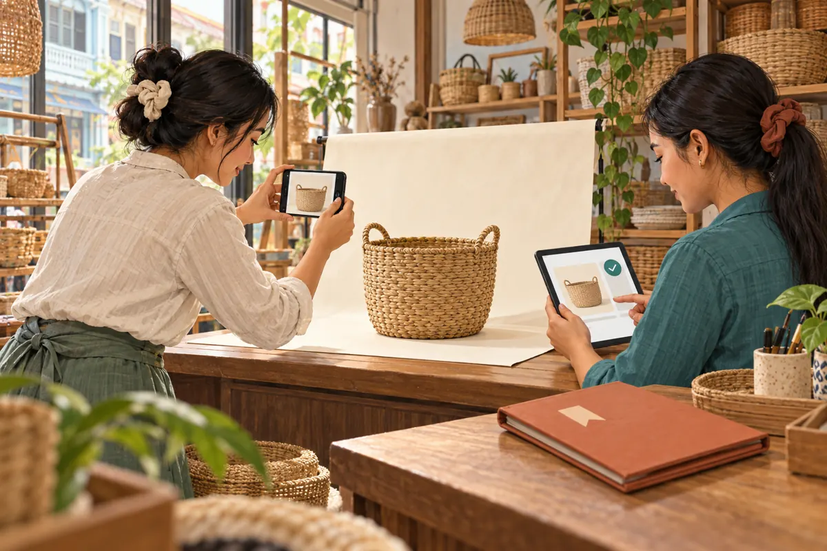 Two Cambodian shop colleagues photograph an unlined basket and check an approved product card while a private research folder remains closed.