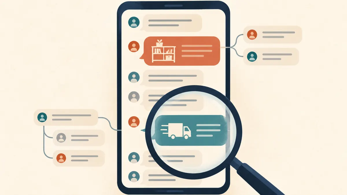 Conceptual phone illustration with branching comments and a magnifying glass highlighting a delivery-truck symbol.
