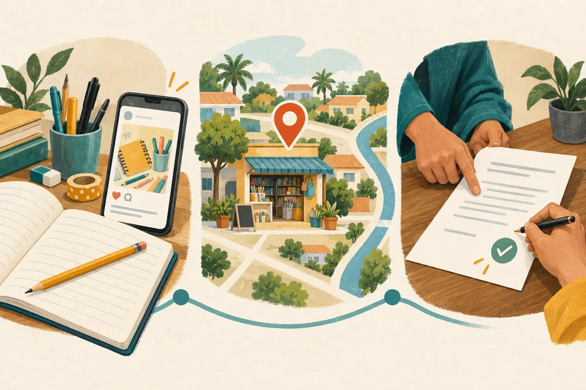 Three illustrated panels show stationery content, a neighborhood pickup location, and a reviewed placement agreement.