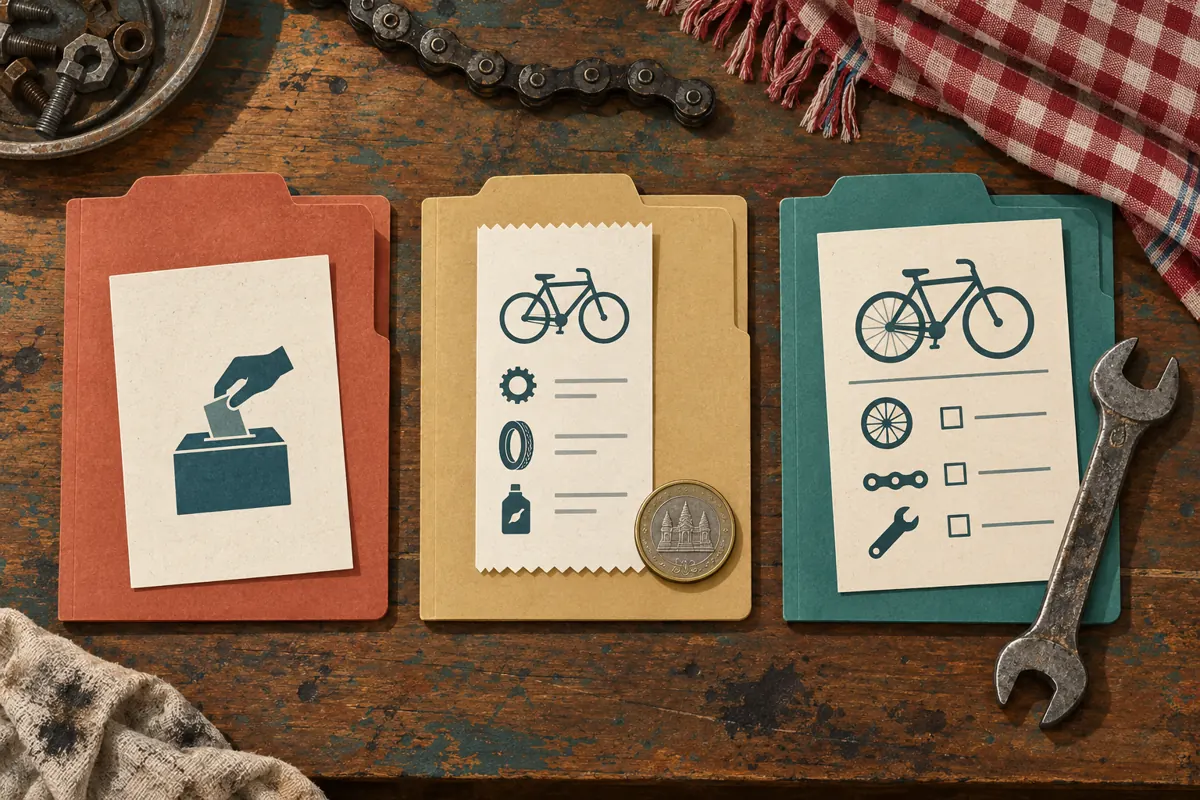 Three separate folders illustrated with a ballot, purchase receipt and bicycle repair job card on a workshop bench.