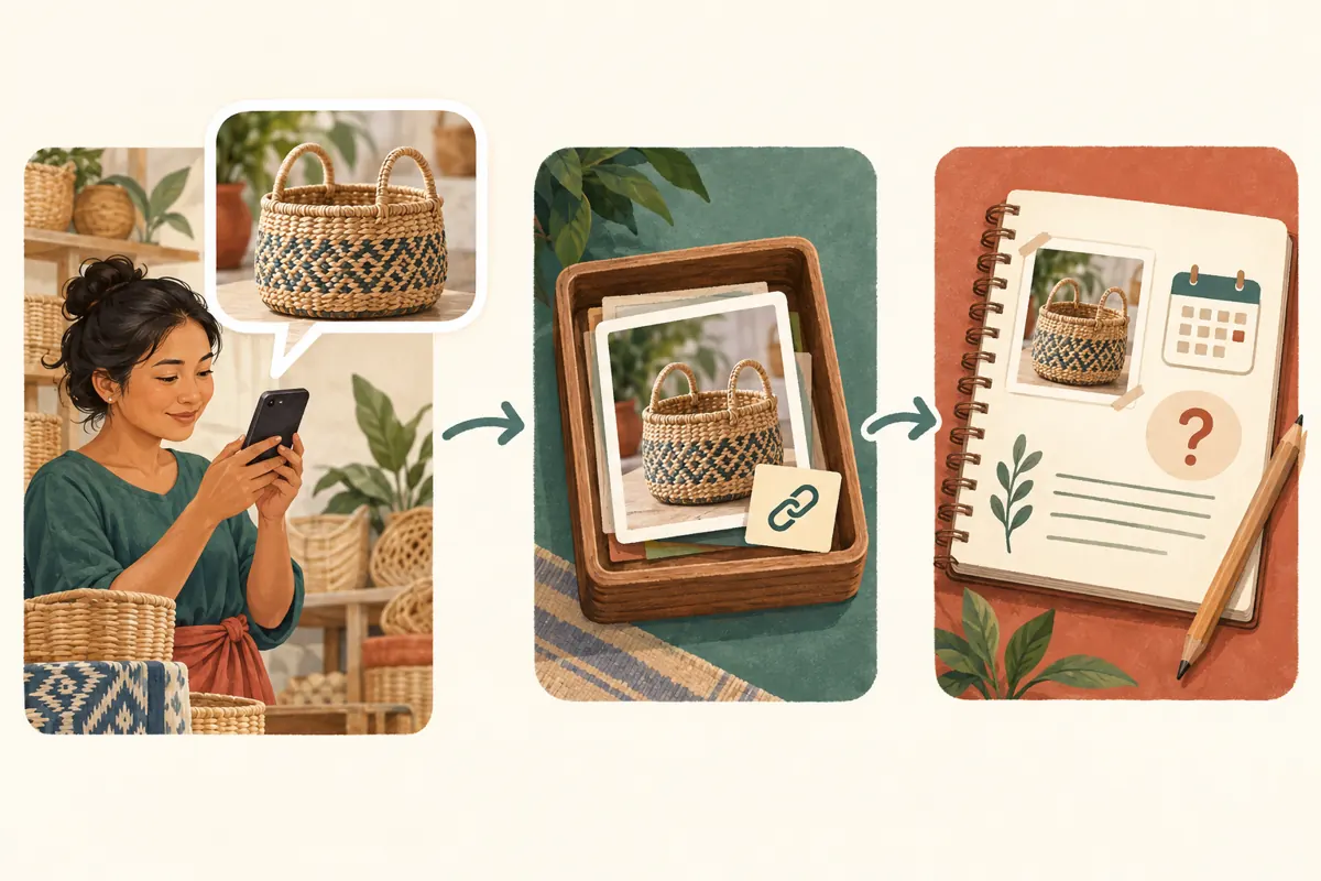 Three illustrated stages show a supplier basket message, a saved reference with a link symbol and a note containing a review question.