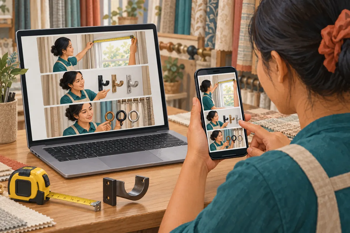 Shop assistant comparing a curtain-rod video sequence on a smartphone and laptop.
