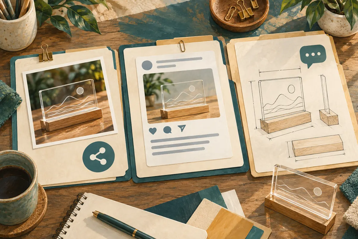 Separate folders showing a shared sign photograph, a promotional post and a customer specification drawing.