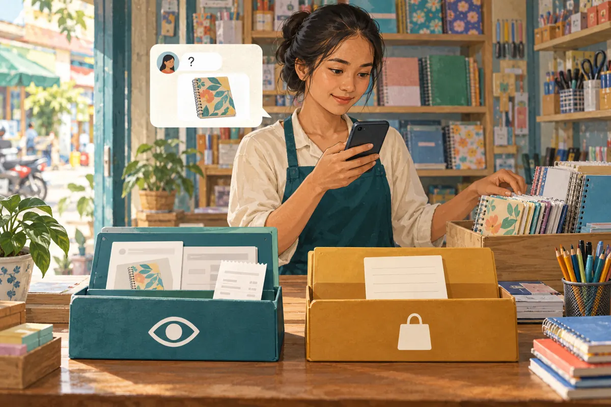 Illustrated Cambodian shop assistant answers a notebook inquiry beside separate folders for view records and customer orders.