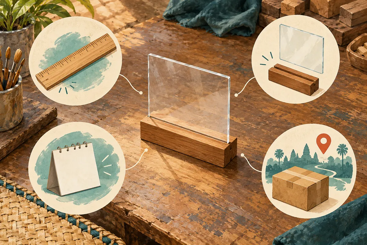 Acrylic sign surrounded by illustrations of measurement, separate components, a calendar and delivery.