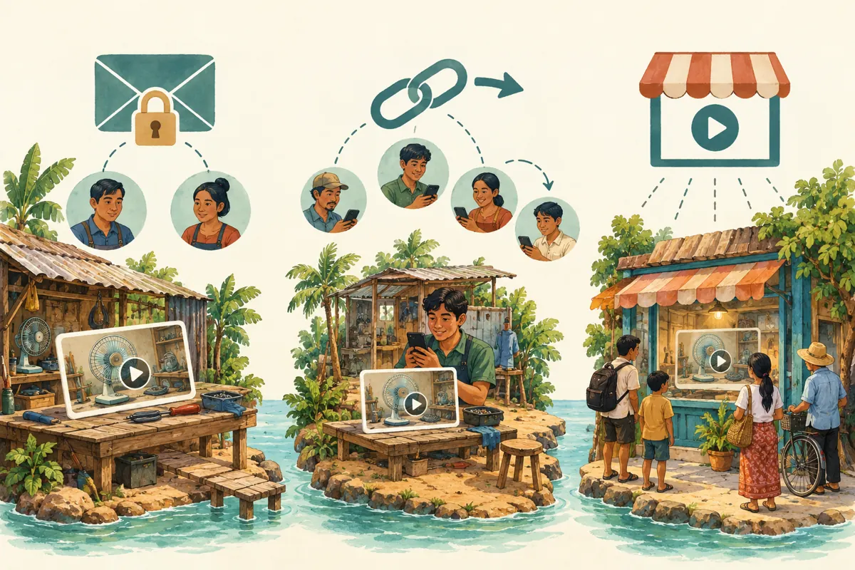 Three illustrated sharing boundaries show selected reviewers, a forwardable video link and a public workshop display.