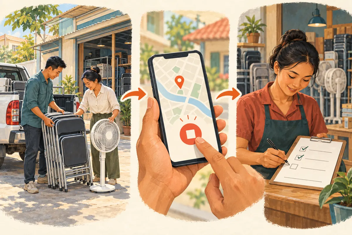 Three illustrated steps show checking returned equipment, stopping location sharing and recording the return.