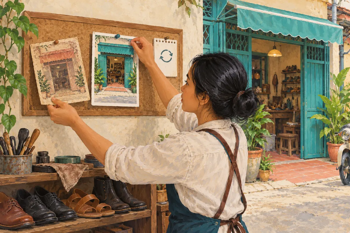 Illustration of a Cambodian workshop assistant replacing an outdated entrance picture with one matching the current teal shopfront.