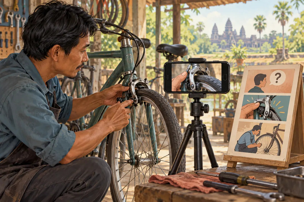 Illustrated mechanic filming a bicycle brake explanation with a phone on a tripod and a pictorial storyboard nearby.