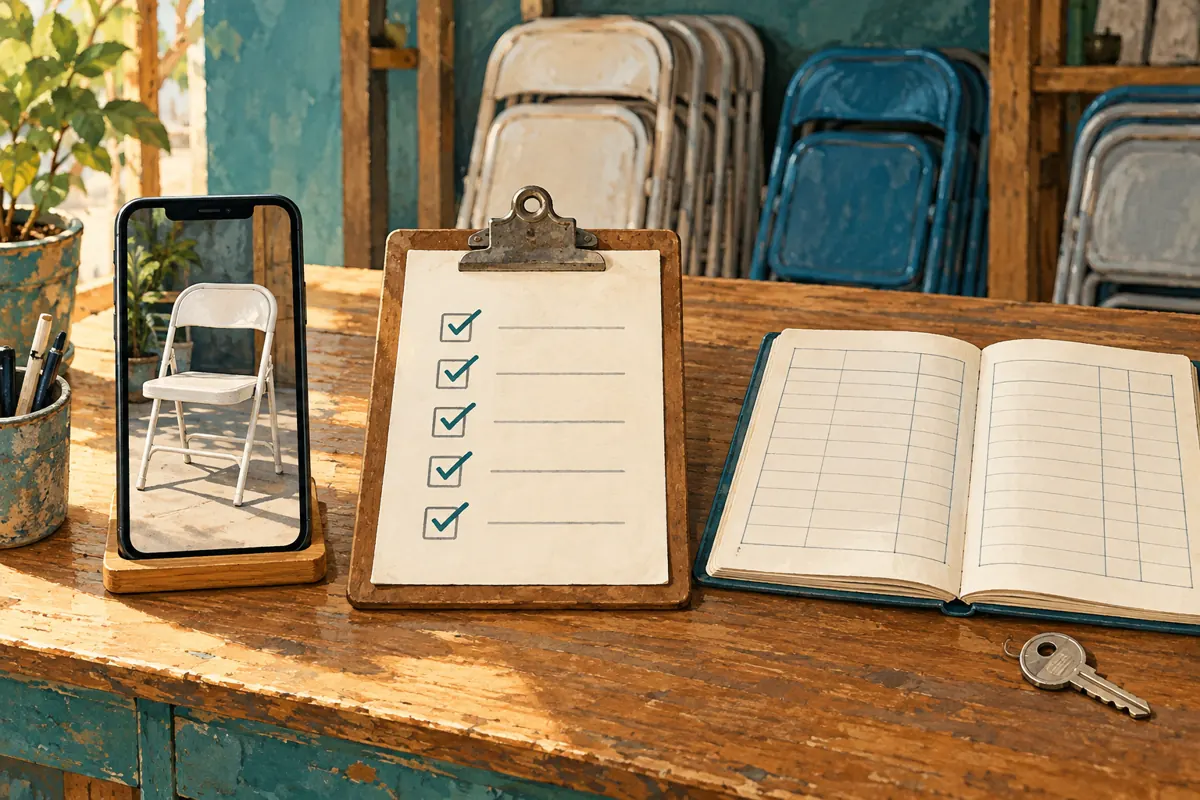 A phone showing a chair photograph sits beside a completed checklist and a separate blank booking ledger.