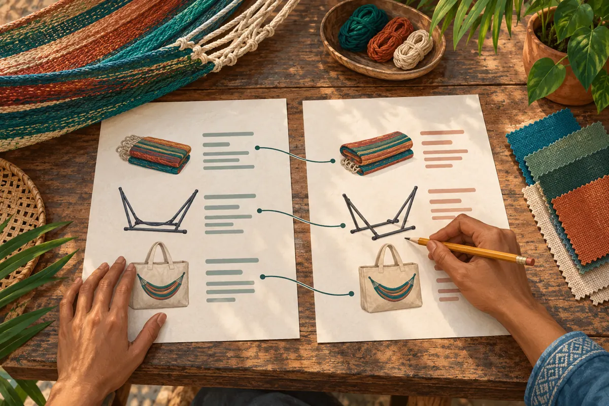 Overhead illustration of a reviewer comparing hammock, stand and pickup details across two description sheets.