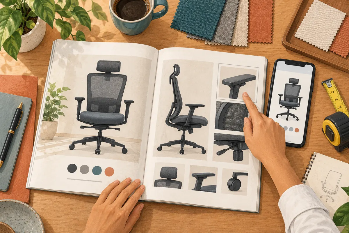 Overhead catalogue review showing chair details, a matching phone image, fabric swatches and a measuring tape.