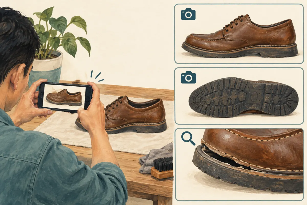 Illustrated shoe photography guide showing a whole shoe, its sole and a close-up of a separated sole edge.