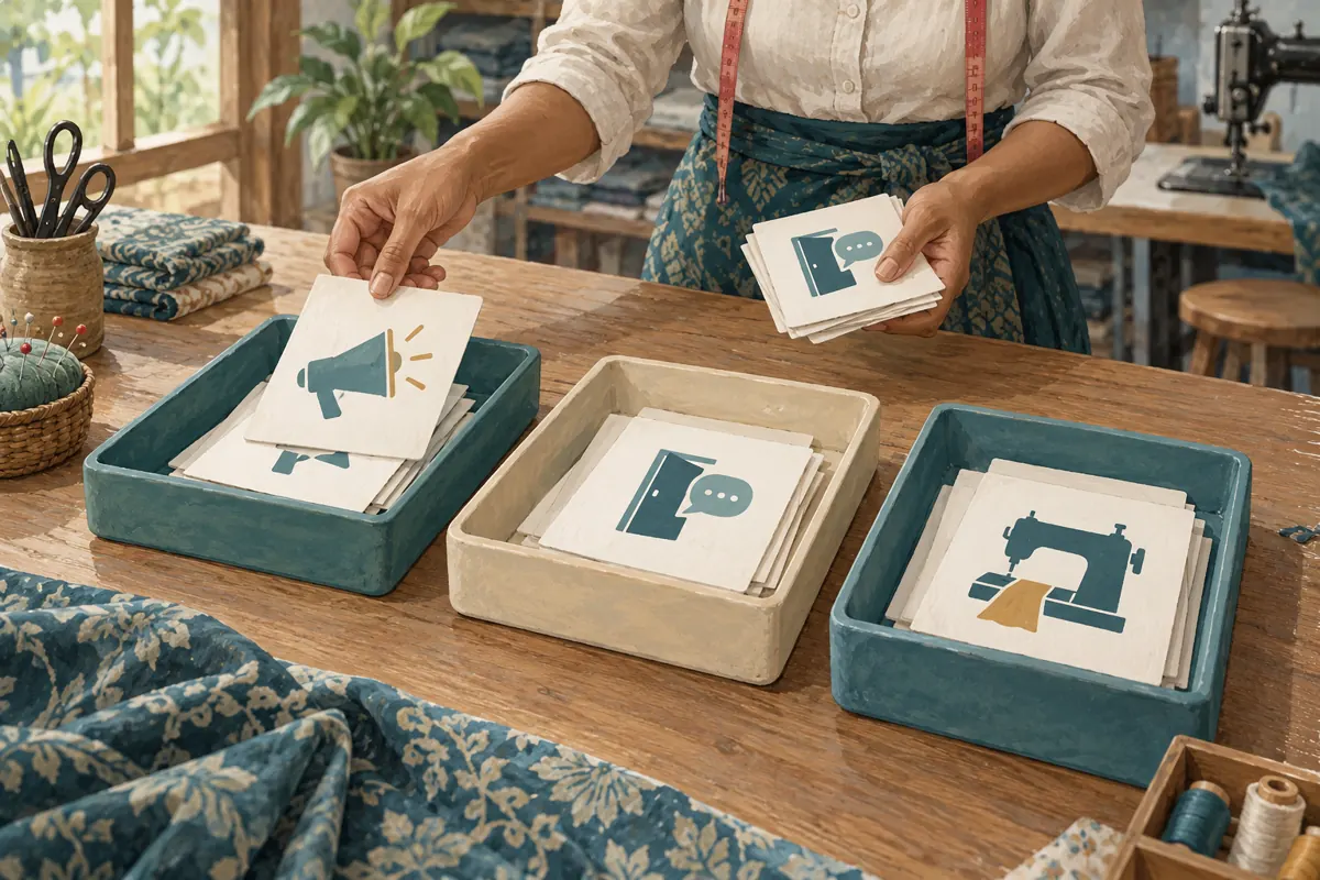 Three separate trays hold illustrated cards representing promotion, chat access and sewing-class bookings.