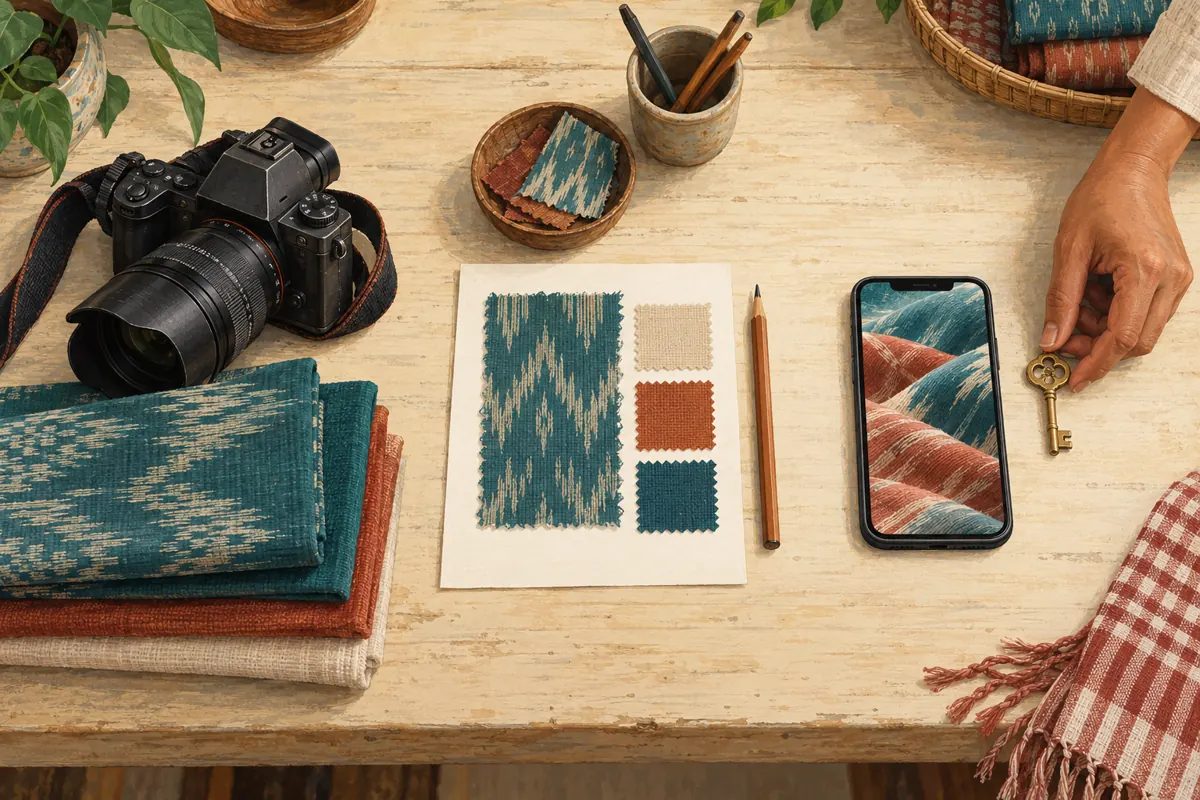 Camera, fabric review sheet and publishing phone arranged separately, with a small key beside the phone.