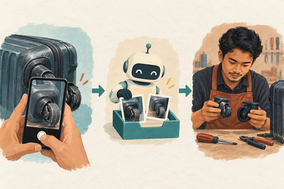 Three illustrated stages show a wheel photograph, an assistant collecting images and a technician comparing replacement parts.