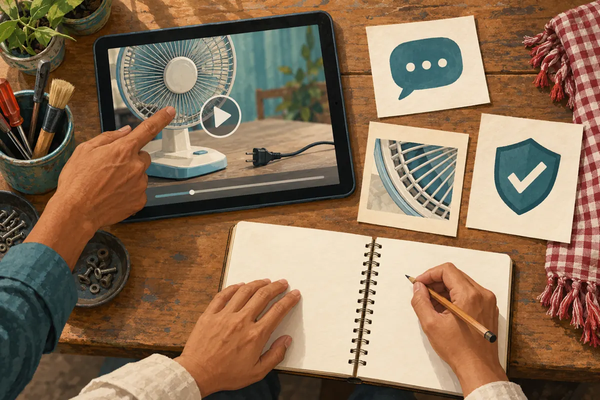 Overhead view of a paused fan video, a review notebook and pictogram cards for wording, technical detail and approval.