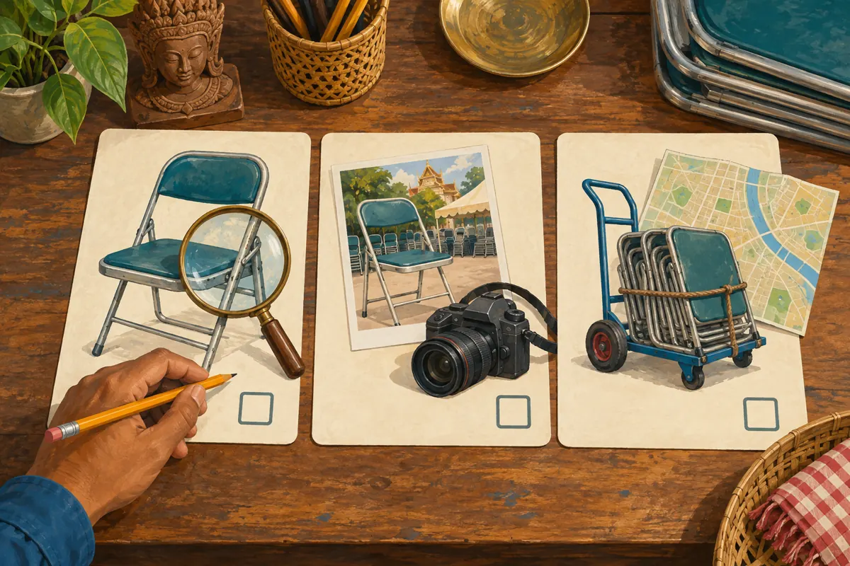 Three illustrated task cards show chair inspection, a promotional photograph and delivery preparation.