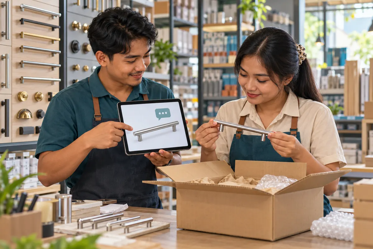 Two Cambodian shop colleagues comparing a corrected handle image on a tablet with the physical item before packing.
