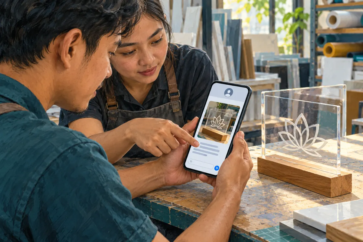 Two sign-shop colleagues reviewing a conceptual phone message beside an acrylic sample.