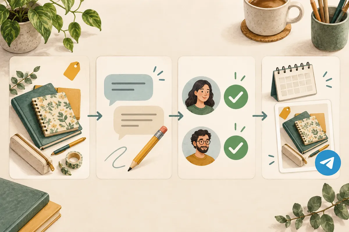 Four illustrated cards show a stationery promotion moving through drafting, discussion, mutual approval, and scheduling.