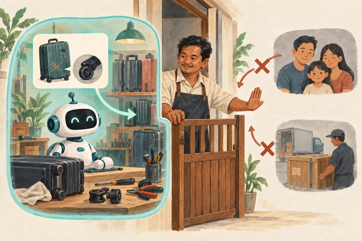 Conceptual illustration of a shop owner limiting an assistant to repair enquiries while family and supplier conversations remain outside.
