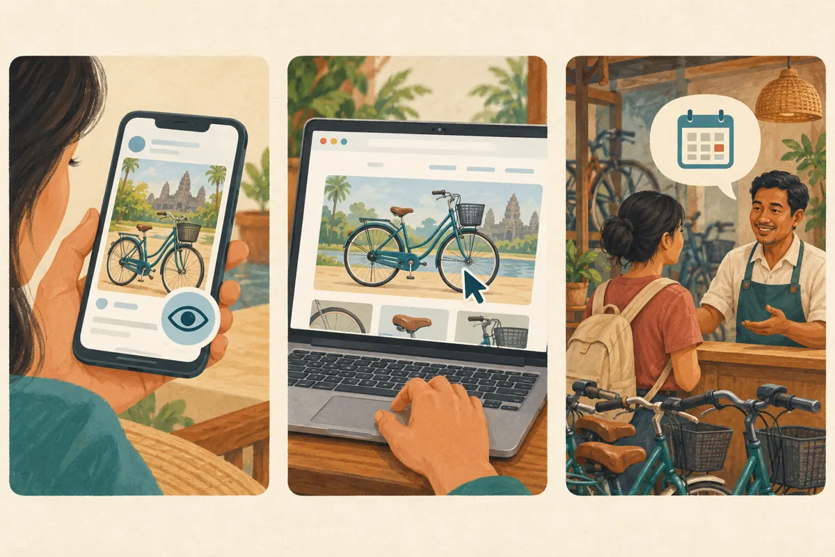 Three separate scenes illustrate viewing a social post, opening a bicycle webpage and asking a shopkeeper about rental availability.