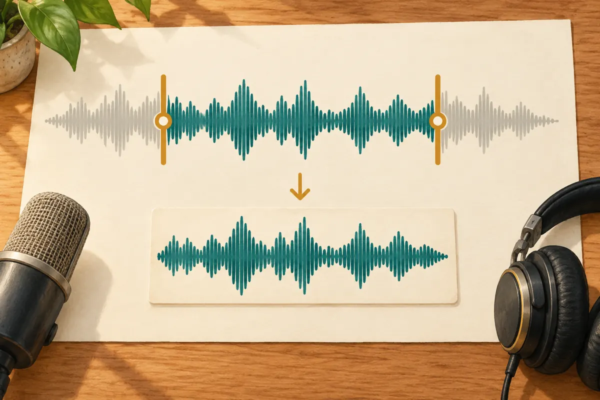 Illustrated audio waveform with grey outer portions, two trim handles and the retained teal passage below.