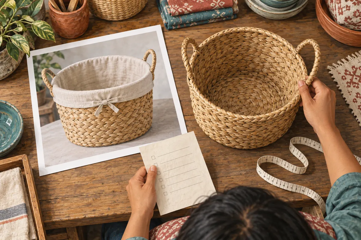 Overhead illustration comparing a photograph of a lined basket with an actual unlined basket beside a review note and measuring tape.