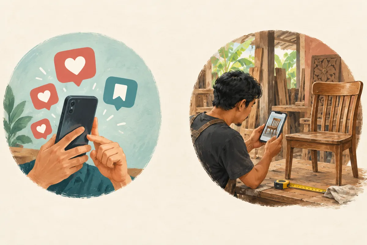 Separate illustrated circles contrast social engagement symbols with a workshop worker assessing a chair photo and dimensions.