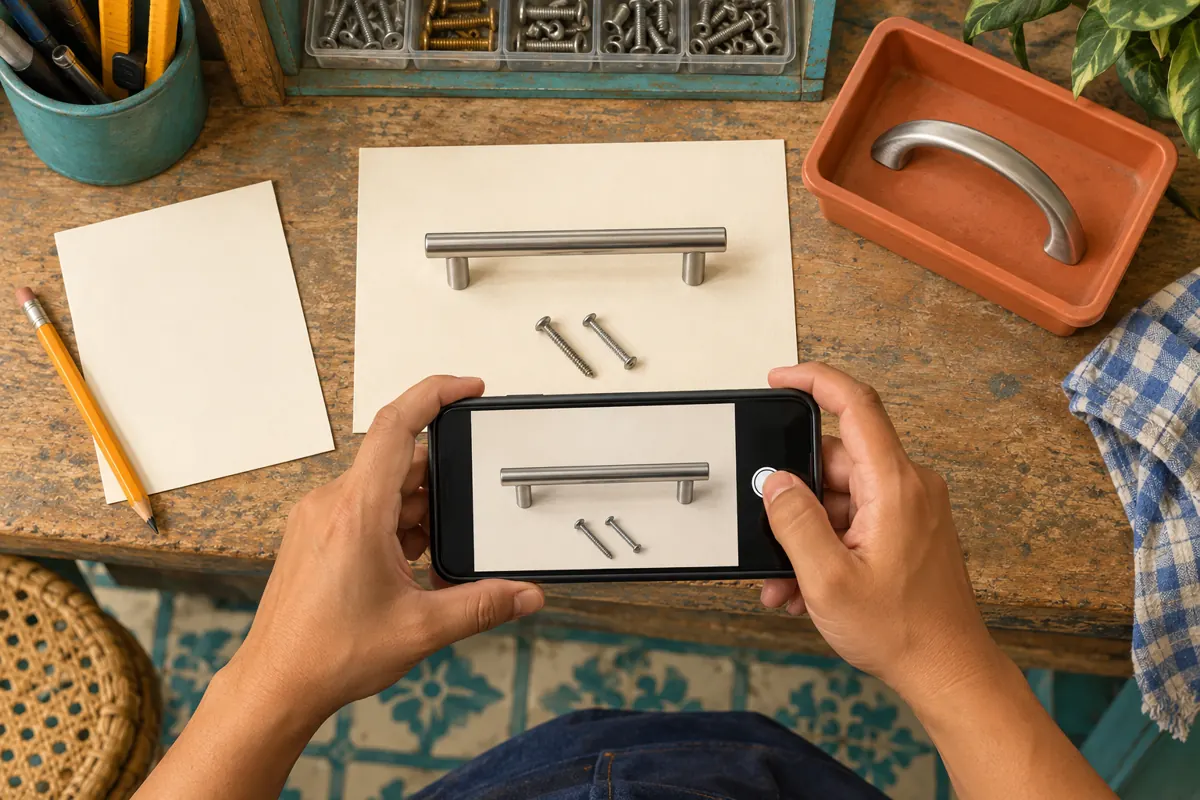 Overhead view of a straight cabinet handle being photographed while a curved sample sits separately in a tray.