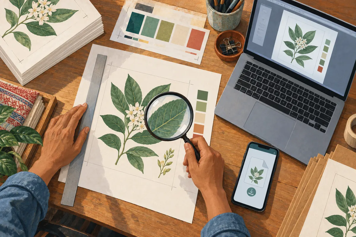 Overhead illustration of a worker checking botanical label artwork with a ruler, magnifier and laptop.