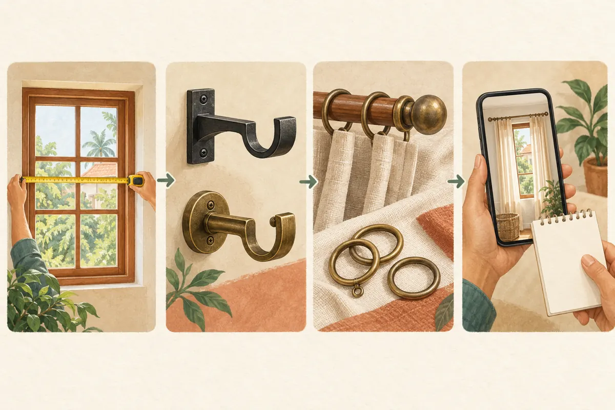 Four illustrated stages showing window measurement, bracket comparison, curtain rings and preparation of an enquiry.