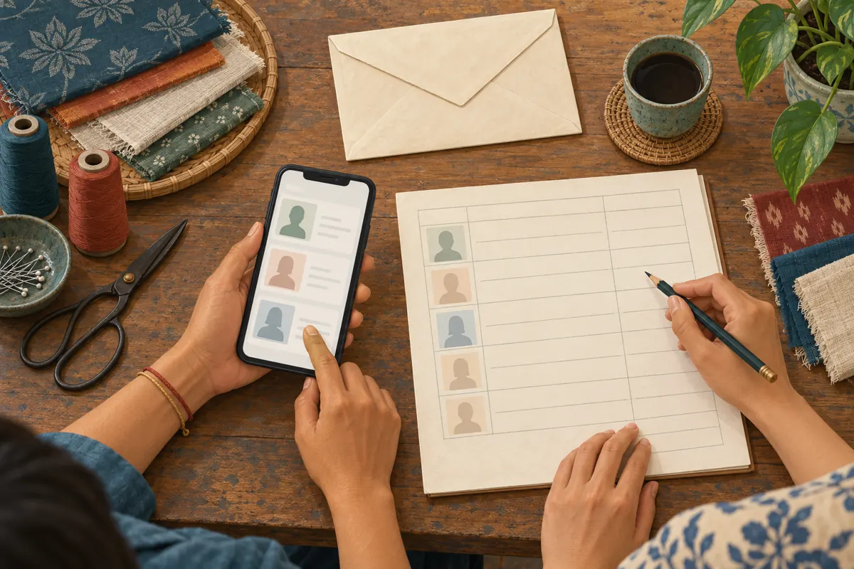 Overhead illustration of workshop staff comparing abstract phone applicant cards with a paper roster beside a closed envelope.