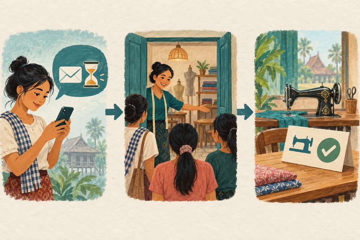 Three illustrated stages show a pending phone request, admission through a doorway and a separately confirmed sewing station.