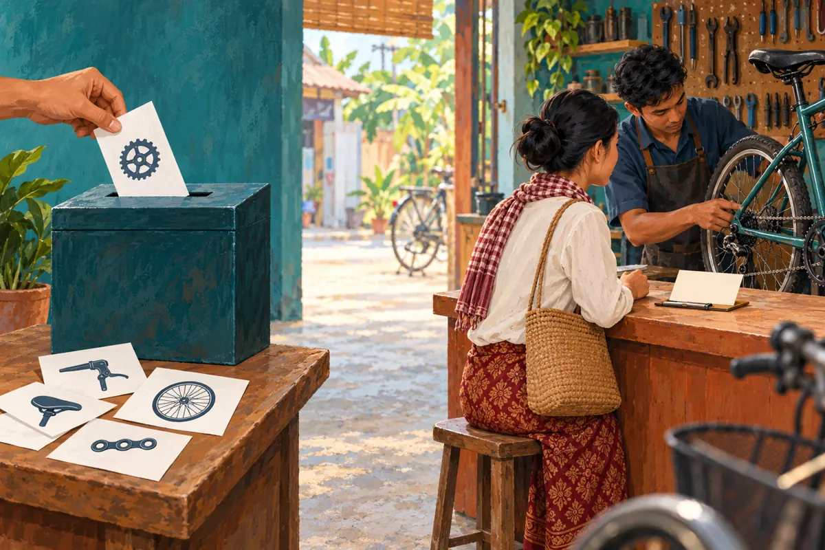 Anonymous bicycle-topic ballot box shown separately from a customer discussing a repair with a mechanic.