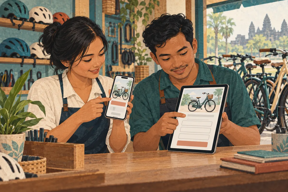 Two Cambodian shop coworkers comparing a bicycle message preview on a phone with its destination on a tablet.