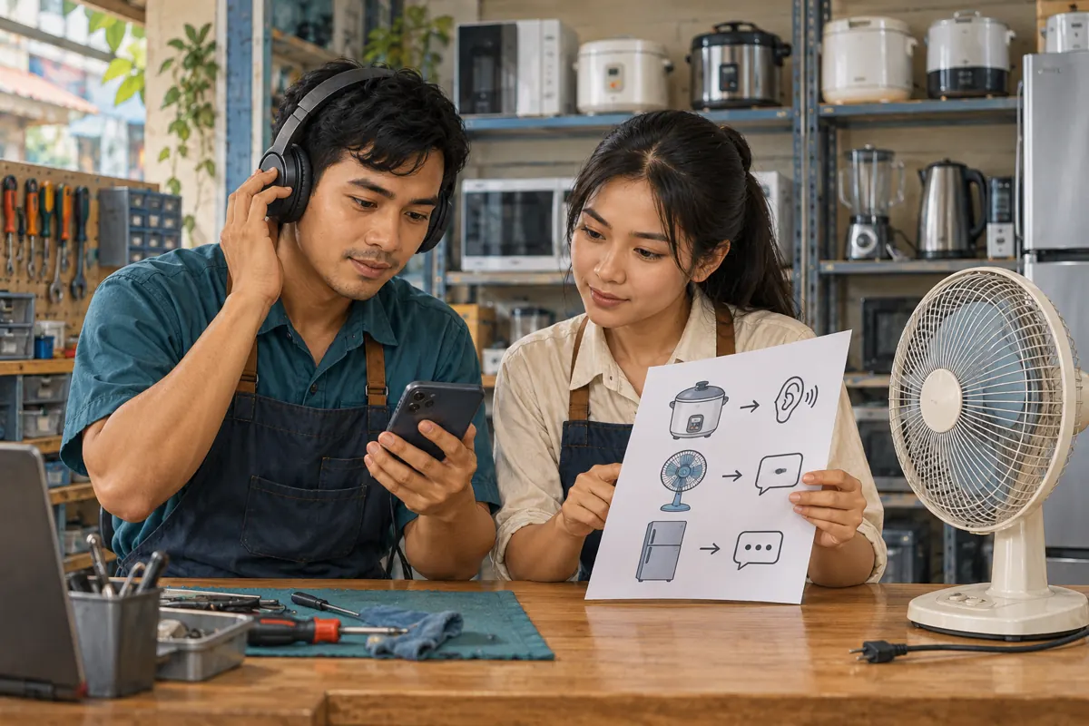 Two Cambodian repair shop colleagues reviewing a phone recording with headphones and a paper reference sheet.