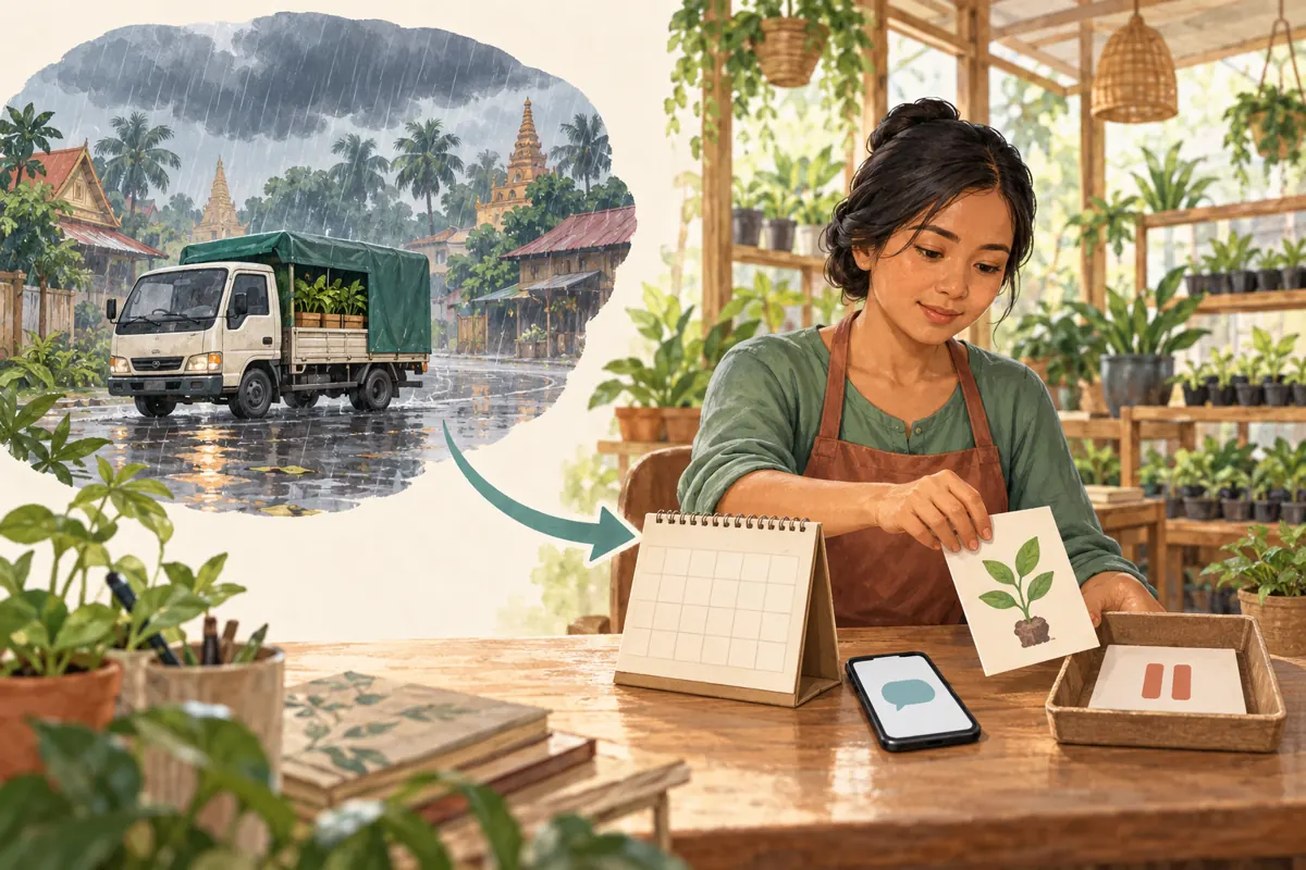 Split-scene illustration of a delivery truck delayed by rain and a nursery owner setting aside a planned announcement.