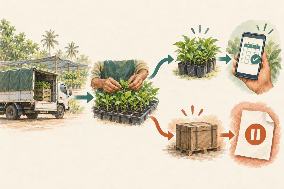 Wordless diagram showing seedling inspection leading either to a scheduled announcement or a held draft.