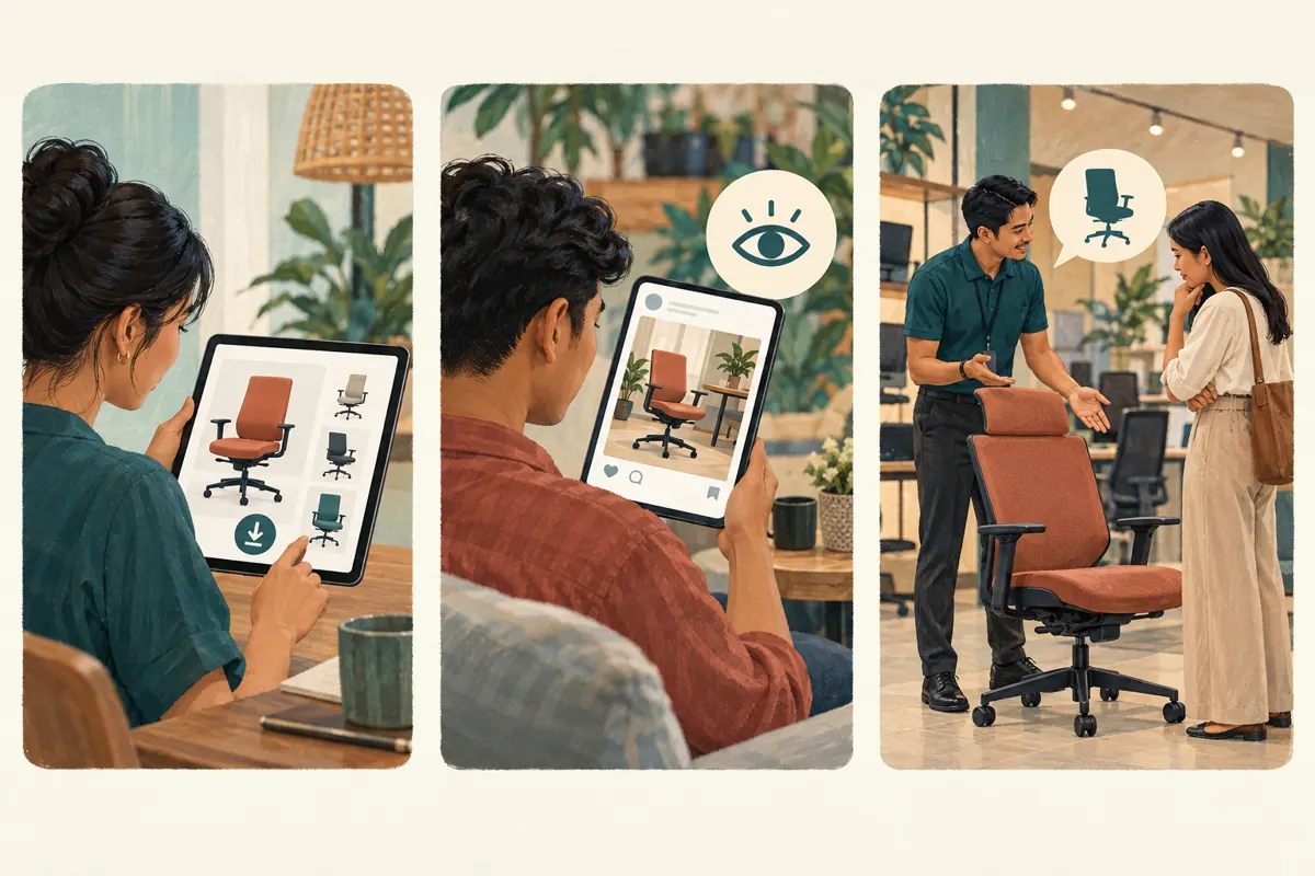 Three separate scenes depicting a catalogue download, a social post view and a customer discussing an office chair.