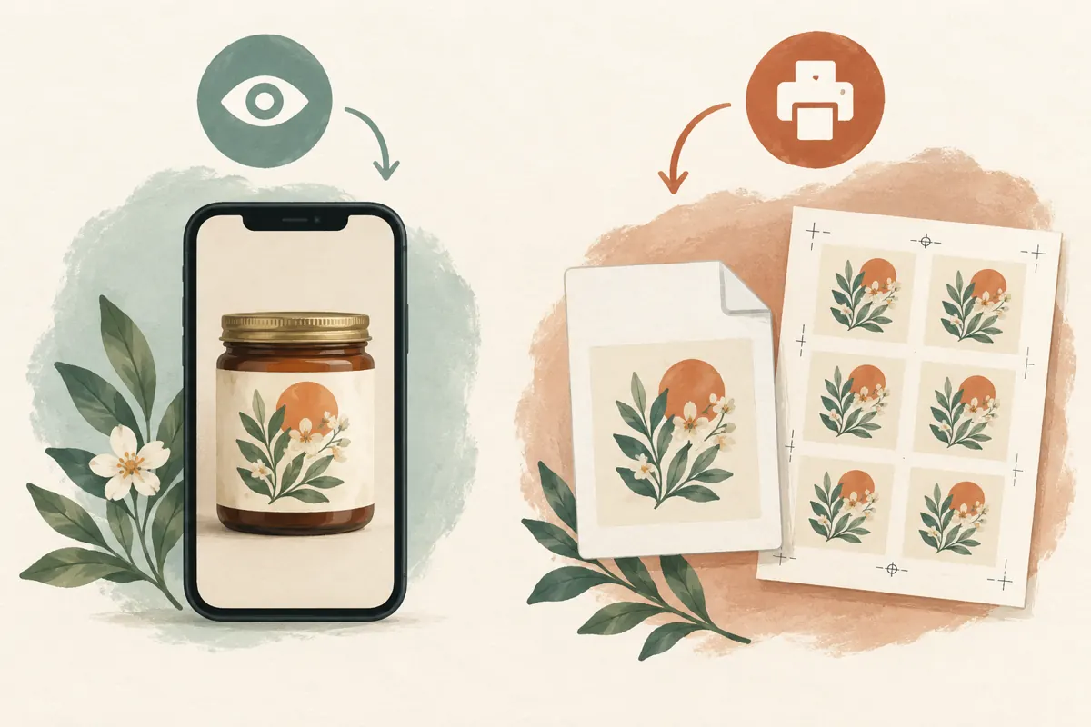 A phone displays a jar preview beside a separate artwork document and sheet of labels.