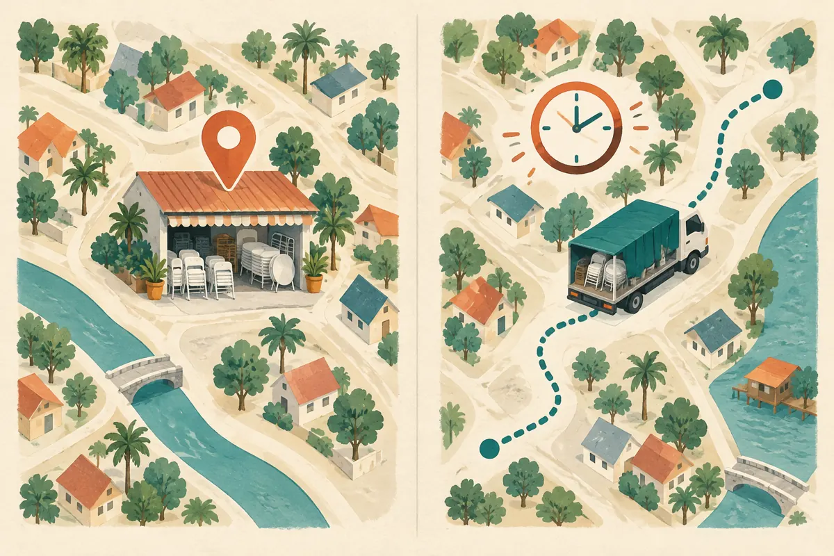 Two illustrated map panels compare a fixed rental shop location with a truck route and temporary sharing clock.