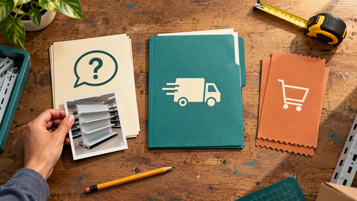 Overhead illustration of separate question, delivery and purchase records beside a shelf photograph on a worktable.