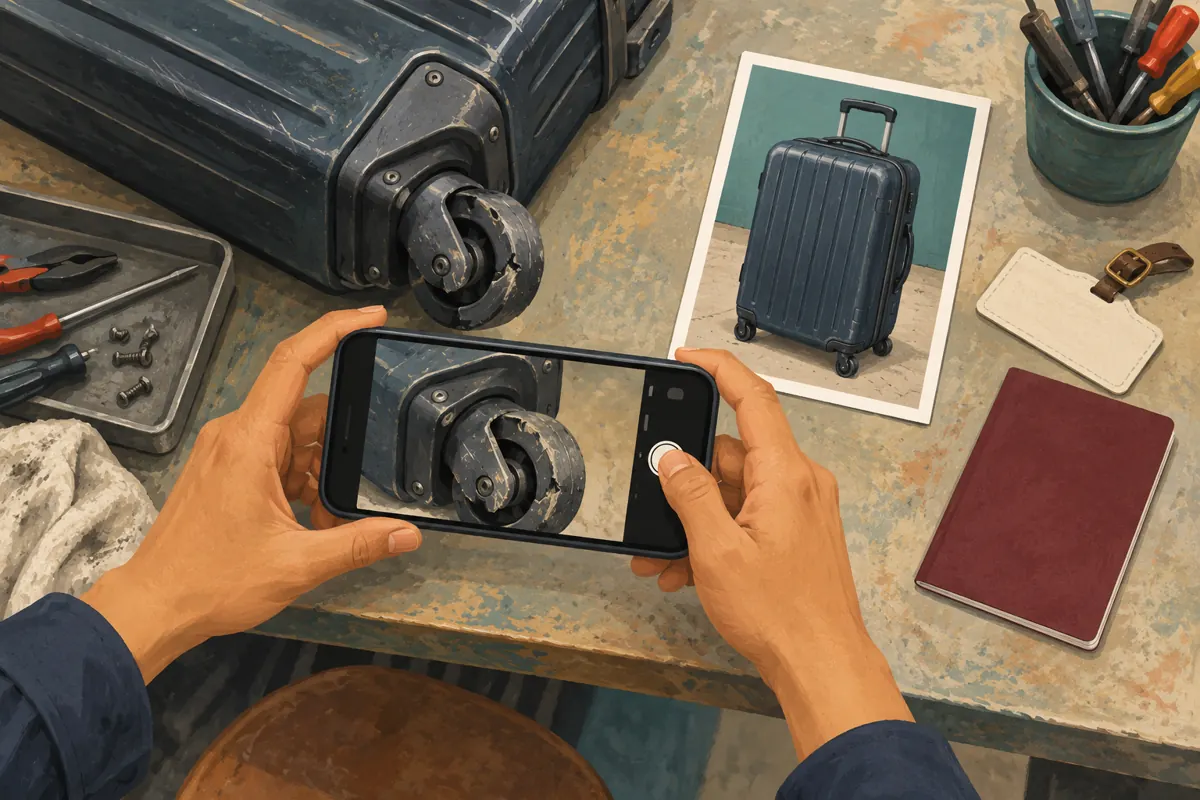Overhead illustration of a phone photographing a damaged suitcase wheel while a luggage tag and closed travel document stay outside the frame.