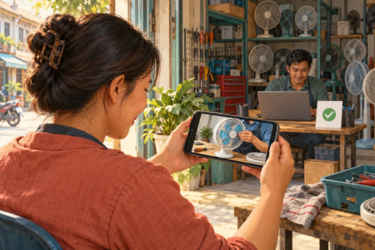 A Cambodian workshop owner checks the approved fan video on a smartphone outside the shop while a colleague works at a laptop.