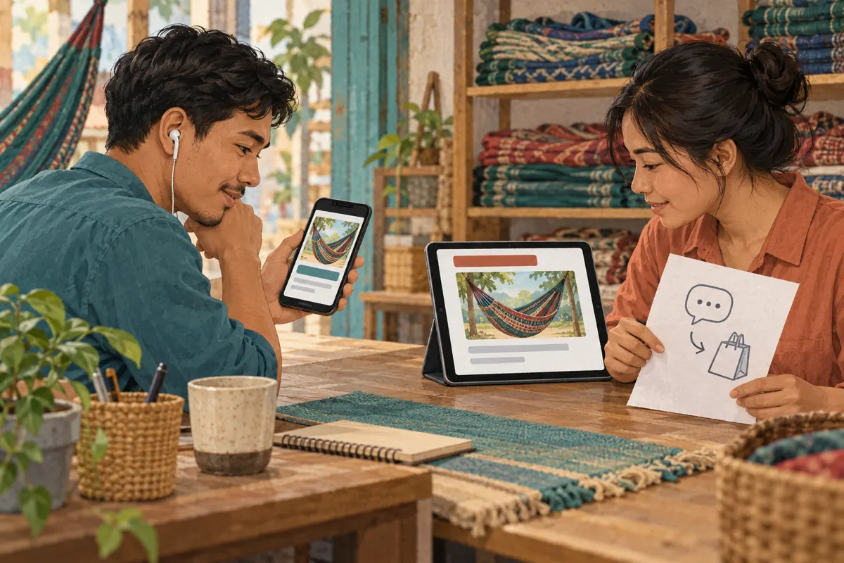 Illustration of two Cambodian shop colleagues checking a hammock video on a phone and tablet.