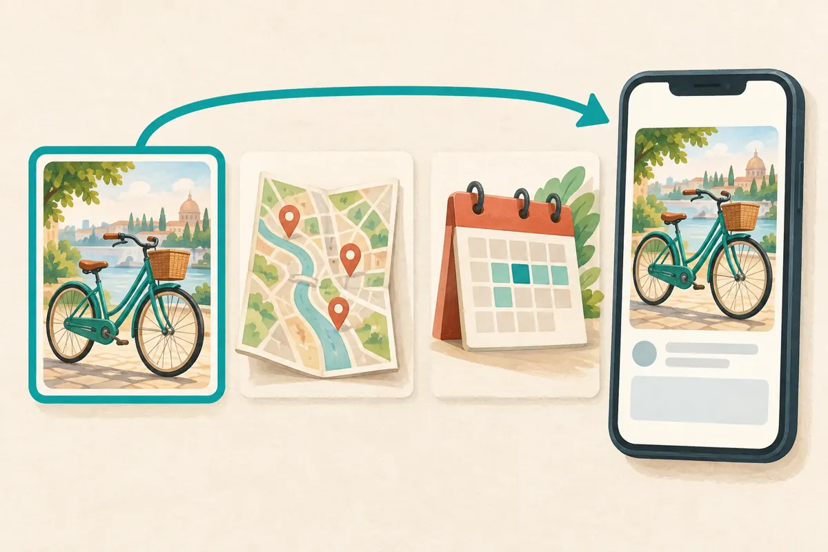 Conceptual diagram showing a bicycle guide selected for a phone preview while map and calendar links remain separate.