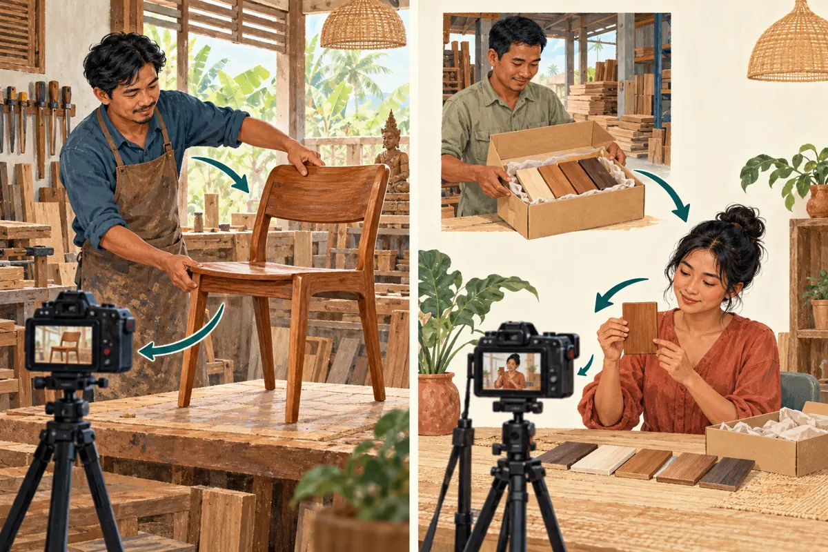 Two illustrated arrangements show an owner filming workshop furniture and a separate creator demonstrating supplied finish samples.