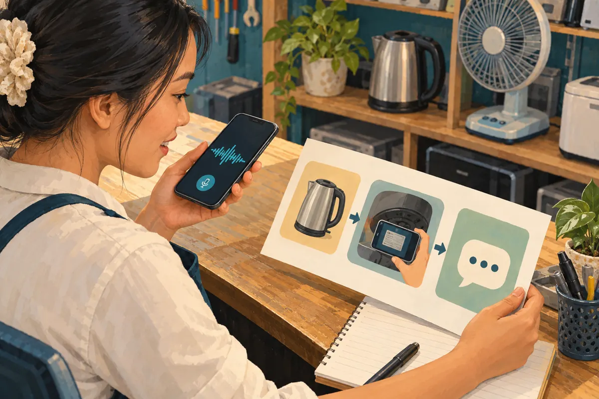 Repair shop receptionist holding a phone beside an illustrated card showing an appliance, a model-label photograph and a message bubble.